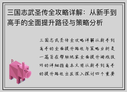 三国志武圣传全攻略详解：从新手到高手的全面提升路径与策略分析